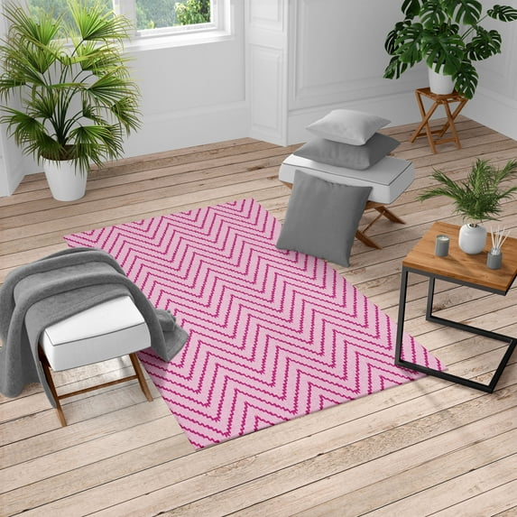 Modern Turkish Area Rug, Geometric Triangle Shapes Zig Zag Triggering Lines Minimalist Pattern Print, Soft Carpet for Living Room Decor with Distressed Look, 4' X 5.7', Hot Pink, by Ambesonne