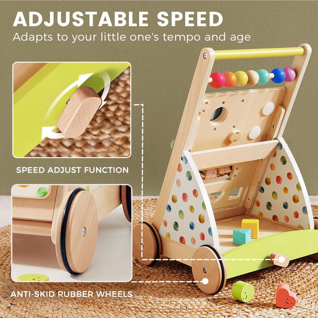 Tiny Land Wooden Baby Walker, Adjustable Speed Baby Push Walker for Boys and Girls, Montessori Activity Center Push Toy for Kids Development