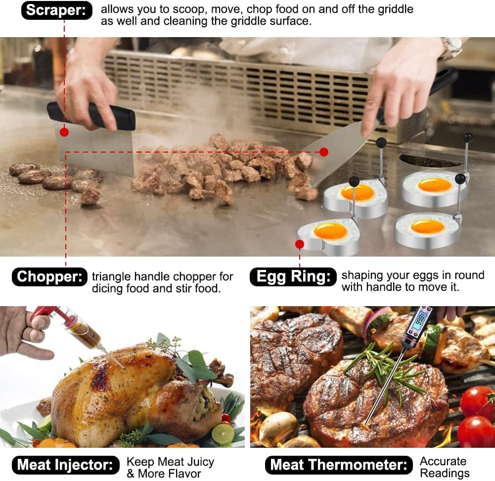 Griddle Accessories Kit, 135 Pcs Griddle Grill Tools Set for Blackstone and Camp Chef, Professional Grill BBQ Spatula Set with Basting Cover, Spatula, Scraper, Bottle, Tongs, Egg Ring