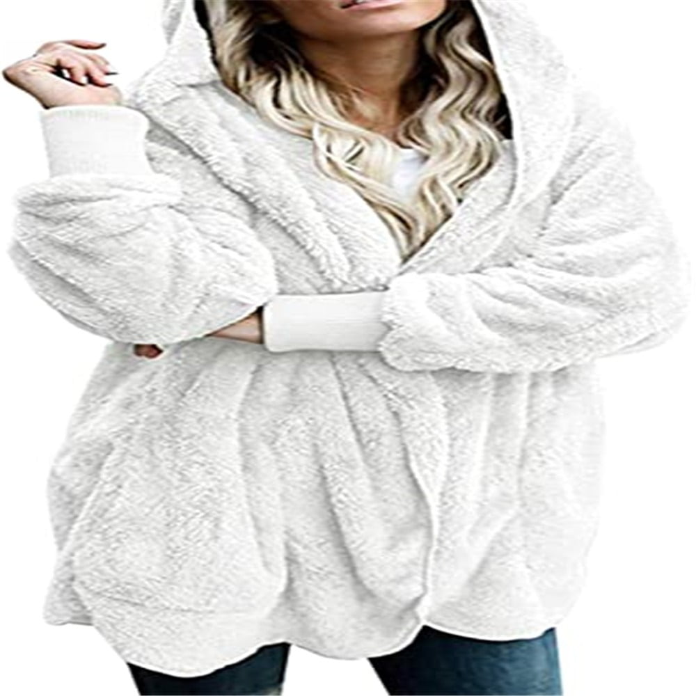 Women Hooded Cardigan Fuzzy Jacket Winter Open Front Fleece Coat Outwear with Pockets White M Walmart