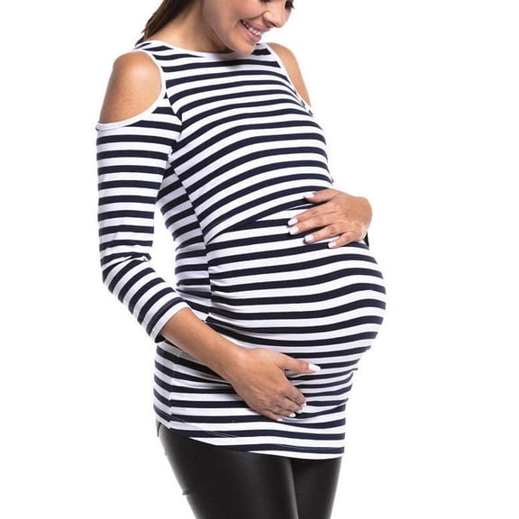 Edvintorg Maternity Shirts Women Nursing Tops Fashion Cold Shoulder Stripe Printing Round Neck 3/4 Sleeve Casual Breastfeeding Shirts Pregnant Clothes for Women