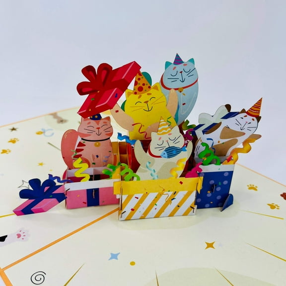 Cat's Gift Party 3D Pop Up Greeting Card - 3D Pop Up Card for Birthday, Travel Gift, Handmade Laser Cut Greeting Card, Greeting Card for all Occasions, Congratulations, Birthday, Thank you, Baby, Anniversary