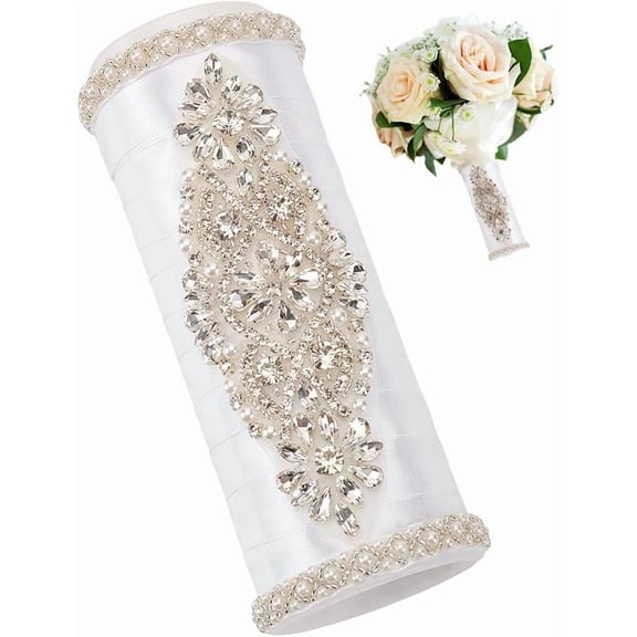 Bouquet Holder 2 Inch Champagne Royal Satin Wedding Bridal Bouquet Handle Set with Rhinestones Fresh Flower Artificial Flower Bouquet Holder Cylinder Bouquet Decor White DIY