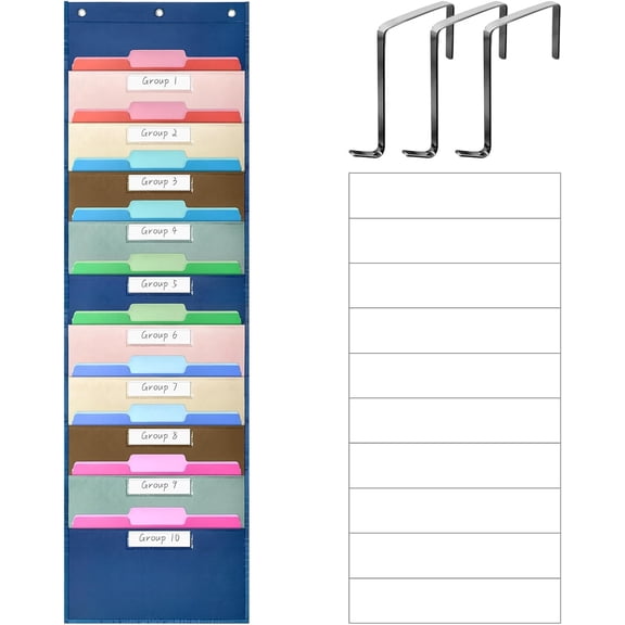 ABCKEY 10-Pocket File Storage Chart with Name Tags Hanging Wall File Organizer for Classroom Office, Blue
