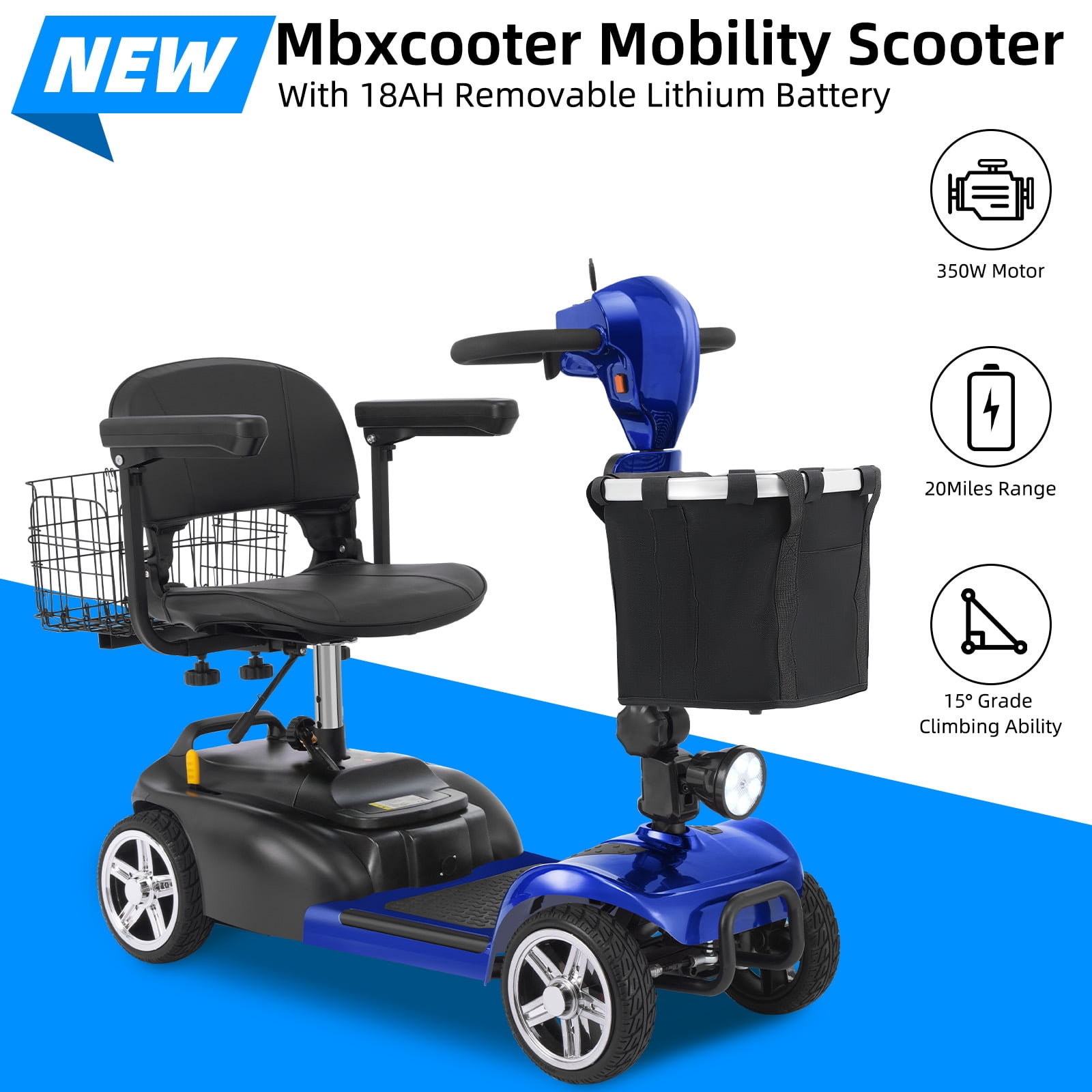 Mbxcooter 15/30 Miles Mobility Scooter,4-Wheel Mobility Scooter for Adults,Seniors,350W Electric Powered Wheelchair Device,Compact Duty Mobile for Travel with Dual Baskets, Rotating Seat