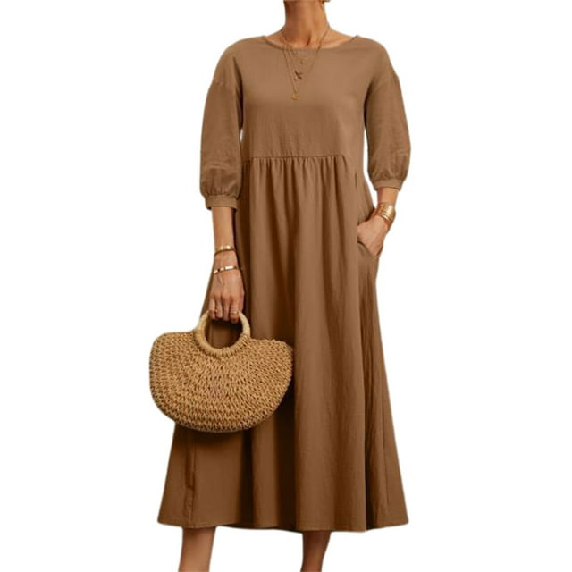 Innerwin Robe Longue Couleur Unie Robe d'Été de Plage Bohème Col Rond Ample Maxi Marron P