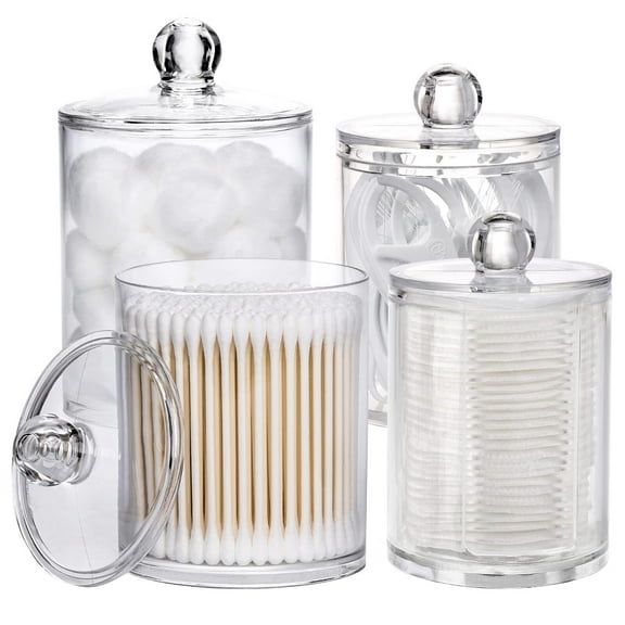 4 Pcs Clear Restroom Bathroom Organizers and Storage Containers for Cotton Ball,Cotton Swab,Cotton Round Pads,Floss,Plastic Apothecary Jars Set with Lids