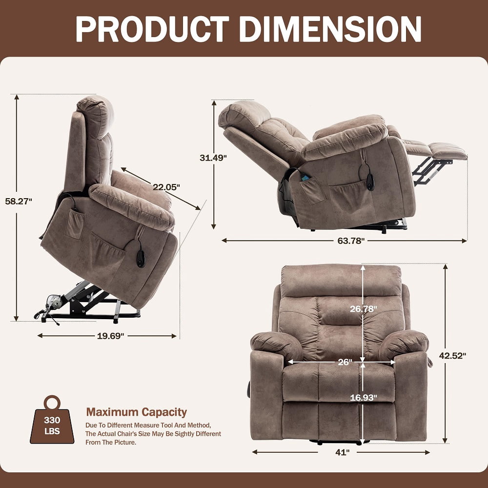 Oversized Power Lift Recliner Chair with Massage & Heating for Big Elderly, Electric Lounge Sofa Chair with 26" Wide Seat and Cup Holders, 400LBS, Light Brown