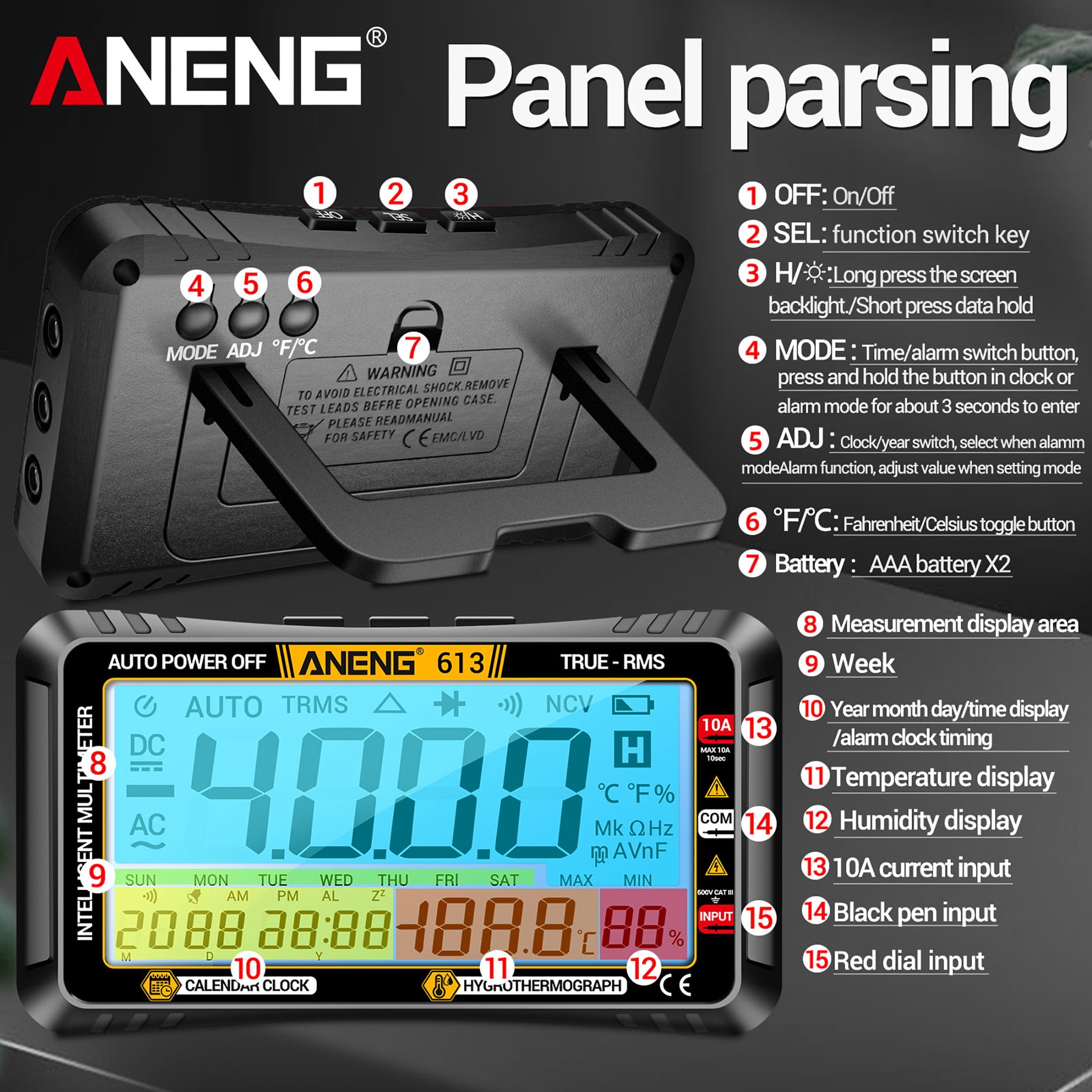ANENG Digital Multimeter, 4000 Counts TRMS Auto-Ranging Tester for AC/DC Voltage, Current, Resistance, with LCD Display