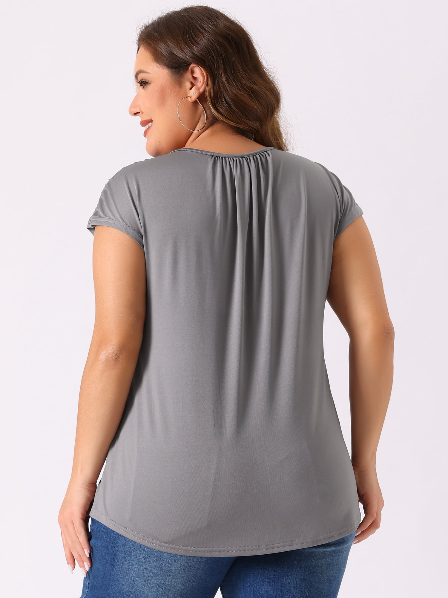 DARING DIVA Women's Plus Round Neck Ruched Short Sleeve Summer Top 2X Gray