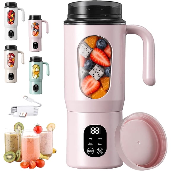 Portable Blender with Handle, 19.6 oz Rechargeable 12-Blade Personal Juicer, LED Display Smoothie Maker for Travel, Home & Outdoor, Pink