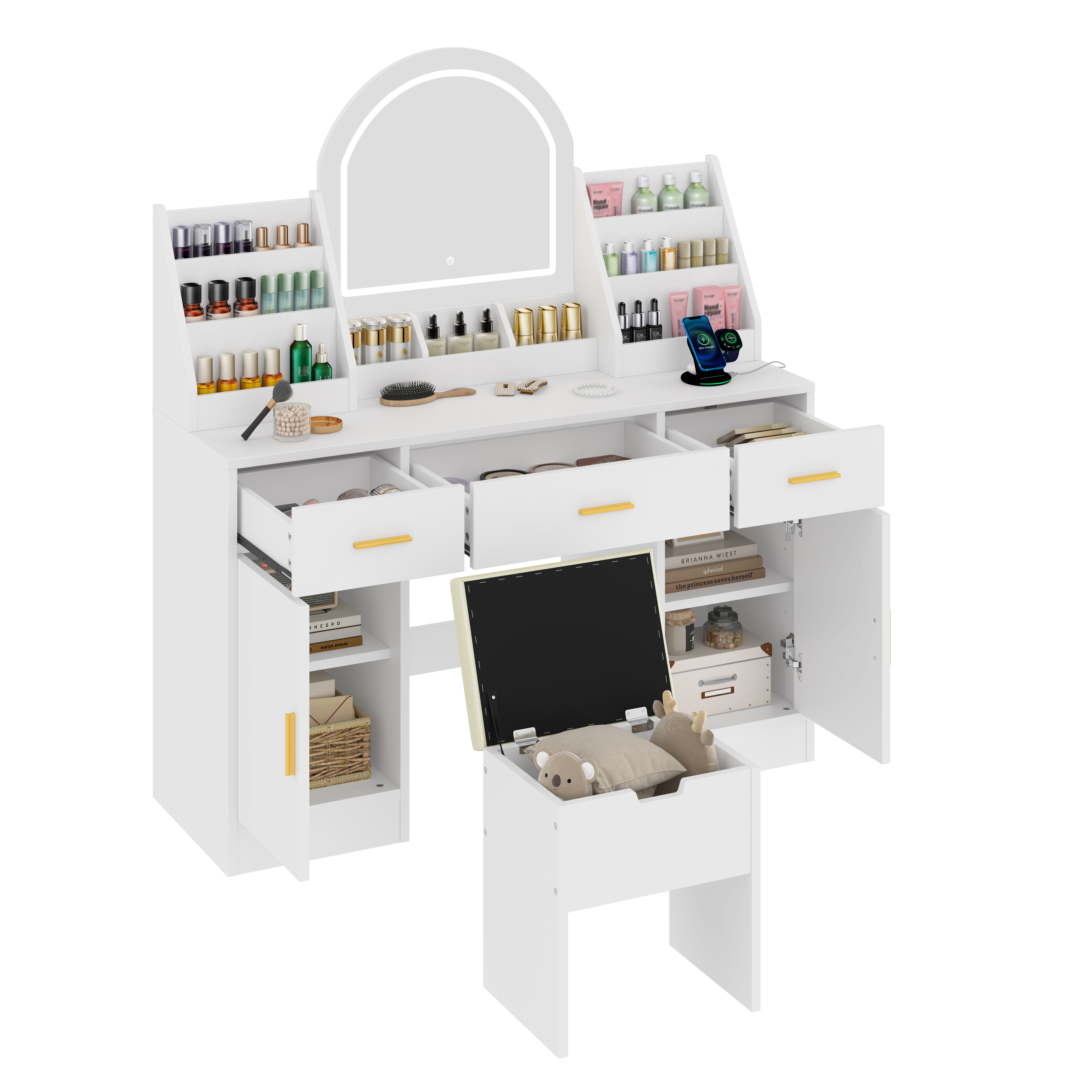 Yoneston 47.2" Vanity Set with Arched LED Mirror, High Capacity Vanity Desk with 2 Cabinet and 3 Drawers & Hidden Storage Stool, White