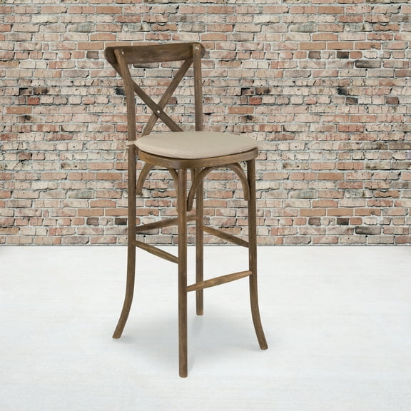 BizChair Dark Antique Wood Cross Back Barstool with Cushion