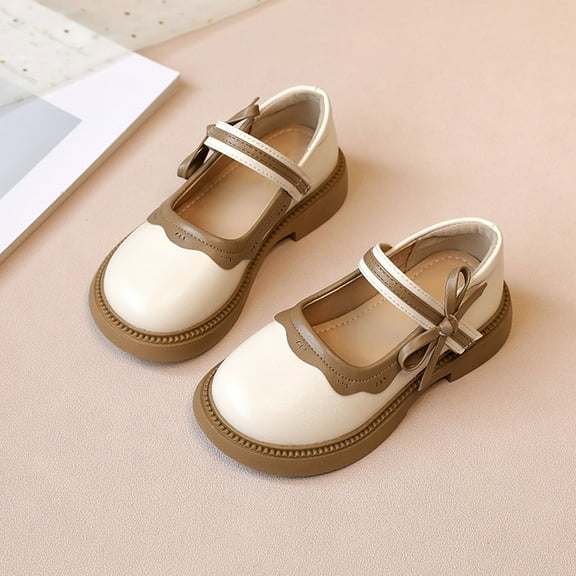 JUSLIO Girls Shoes Soft Sole Bow Dress Shoes Comfort (Toddler/Little Kid/Big Kid) Leather Shoes 23(US:7.5 M) Beige