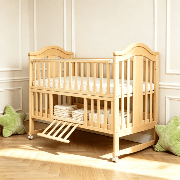 Convertible Wood Baby Crib with Rocking Function, Mini Bedside Sleeper, 5-Level Adjustable Height, Wheels, Playpen & Storage, Mattress Included, White