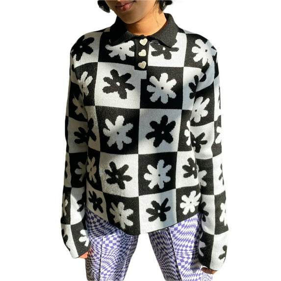 Seyurigaoka Women Juniors Casual Knitwear, Plaid and Floral Pattern Turn-down Collar Pullover
