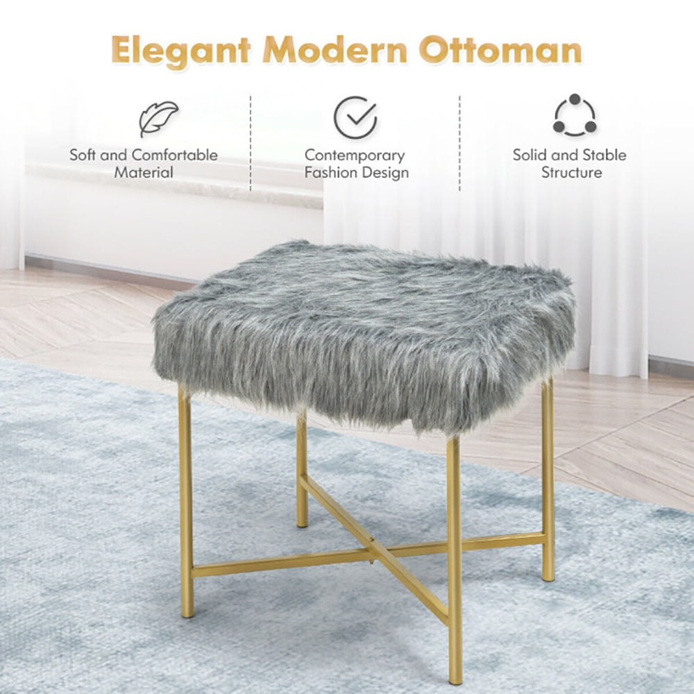 Finihen Faux Fur Vanity Stool Chair, Footstool Ottoman with Metal Legs, Fluffy Chair with Furry Padded Seat, Makeup Stool, Decorative Furniture Footrest, for Living Room, Bedroom, Gray
