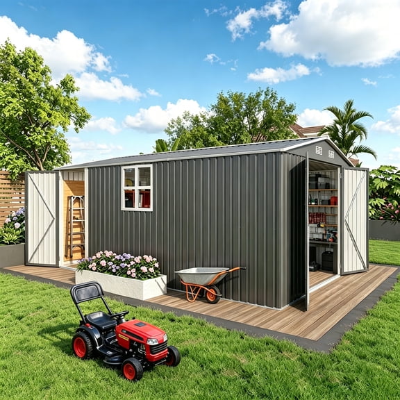 Easmvetaln 10x14FT Metal Outdoor Storage Shed with Front and Side Doors, Garden Shed for Backyard (Gray)