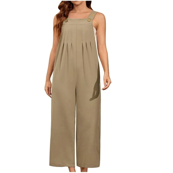 Dianli Jumpsuits for Women Casual Pocket Wide Leg Pleated Button Strap Maxi Jumpsuits Summer Formal Plain Square Neck Sleeveless Long Rompers Khaki s