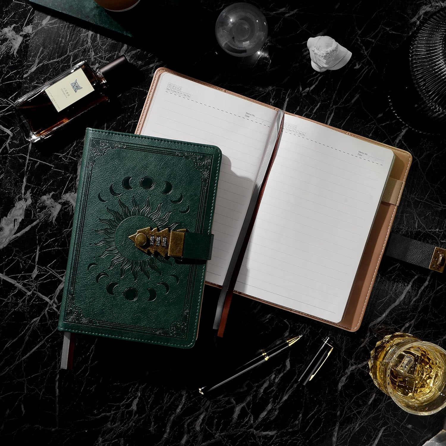 Lock Journal with Pen A5 240 Pages Diary Lock Brown Edge Refillable Leather Hardcover (8.5 × 5.9inch) Dark Green