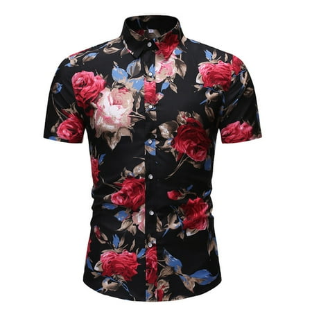 CVLIFE Mens Rose Floral Print Shirt Casual Button Down Shirt Short ...