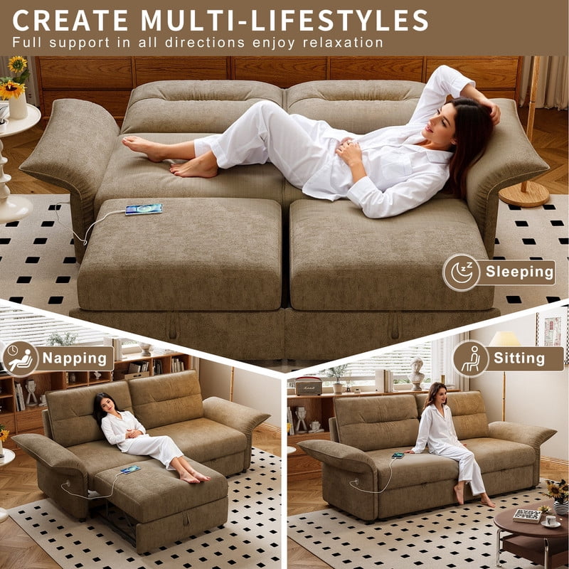 85" Convertible Sofa Bed, 2-in-1 Sleeper Sofa with Plush Fabric, Full-Size Pull-Out Couch with USB Charging Ports, Solid Wood Frame, High-Resilience Foam for Living Room & Small Space
