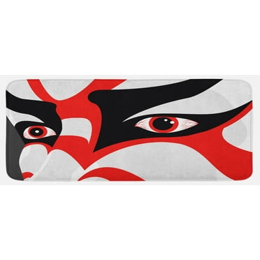 Kabuki Kitchen Mat, Japanese Drama Theme Kabuki Face with Dramatic Eyes Cultural Theater, Plush Decorative Kitchen Mat with Non Slip Backing, 47" X 19", Black White Orange, by Ambesonne