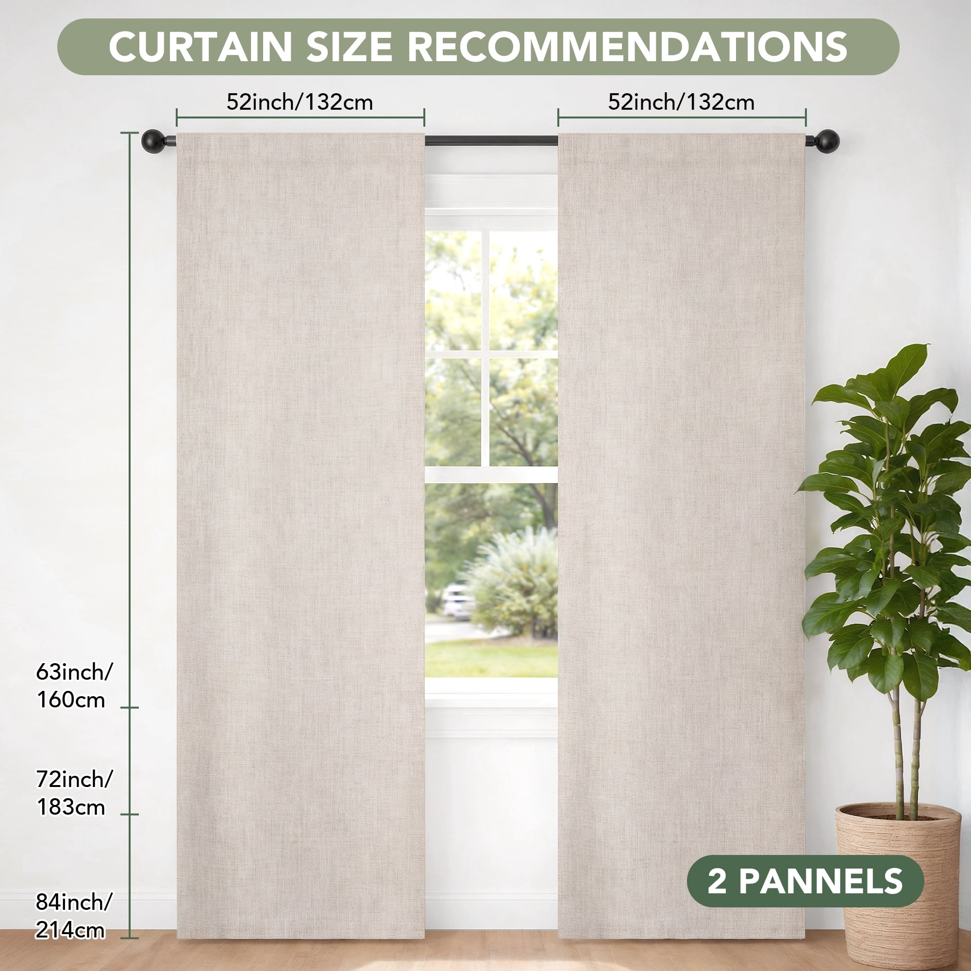 Deconovo Faux Linen 100% Blackout Curtain Panels, Thermal Insulated Back Tab, 2 Pack, Natural Linen, 52" x 84"