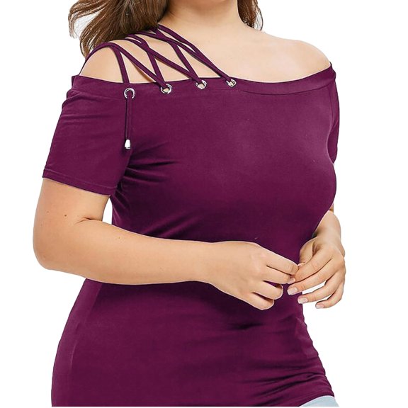 Idoravan Womens Short Sleeve Tops Plus Size Women Plus Size One Shoulder Solid Bandage Short Sleeve Tops T-Shirt Blouse