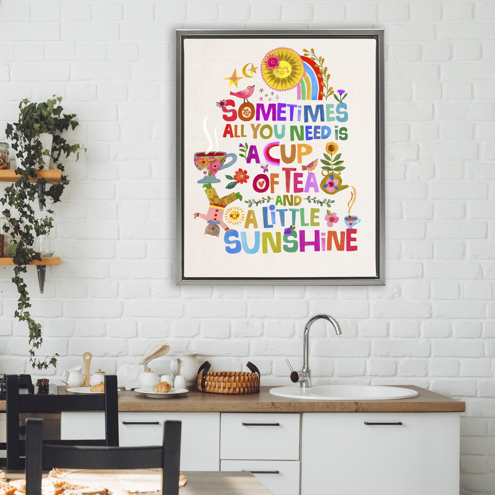 Stupell Industries Cup Of Tea & Sunshine Gray Framed Floater Canvas Wall Art, design by Katherine Herrell Studio