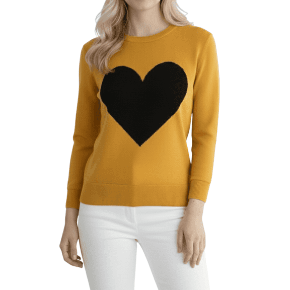 YEMAK Women's Love Heart Chenille Crewneck 3/4 Sleeve Casual Pullover Sweater MK3595-HON/BLK-L