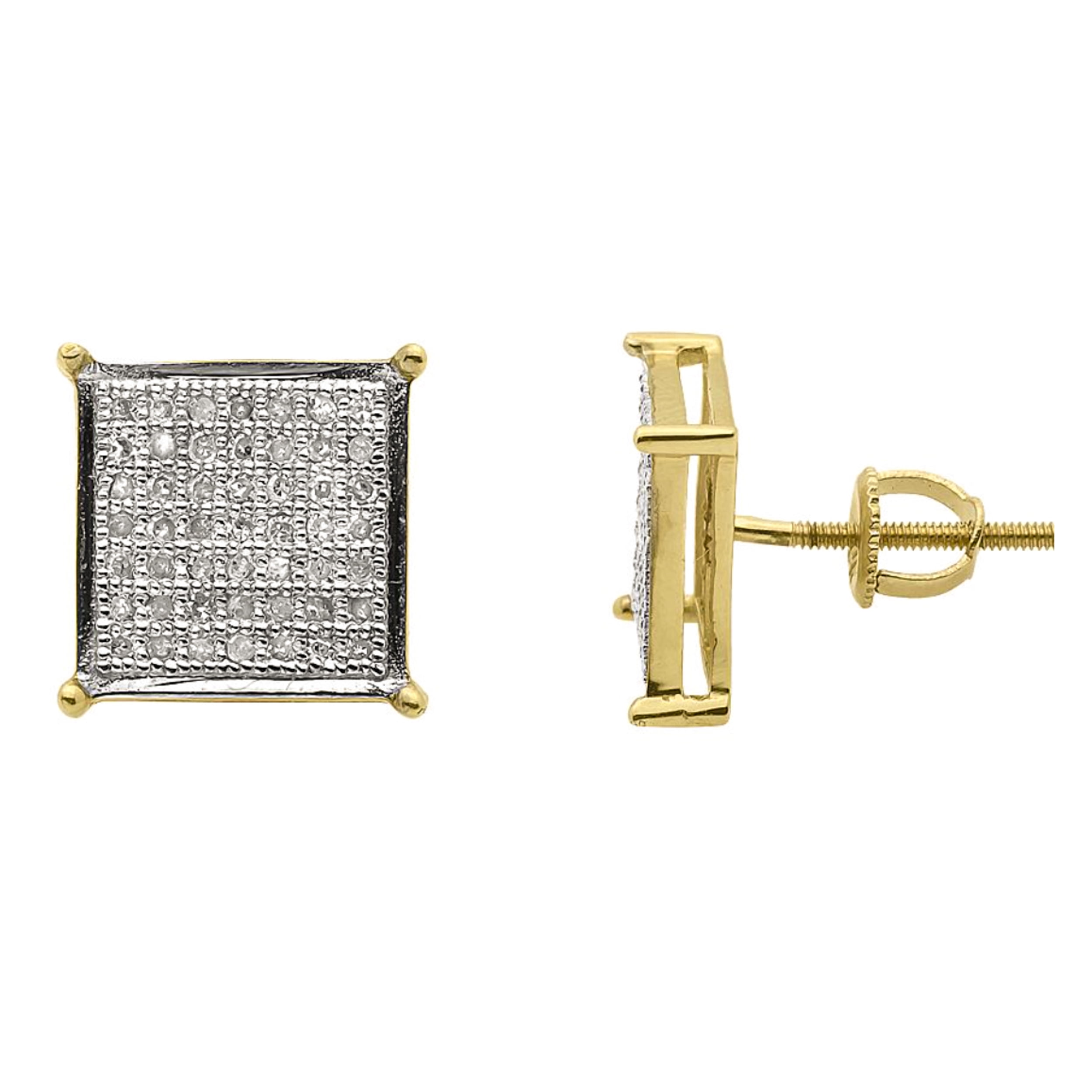 Men's Gold Sterling Silver Cz Micro Pave Flat Screen Square Hip Hop Screw Back Earrings
