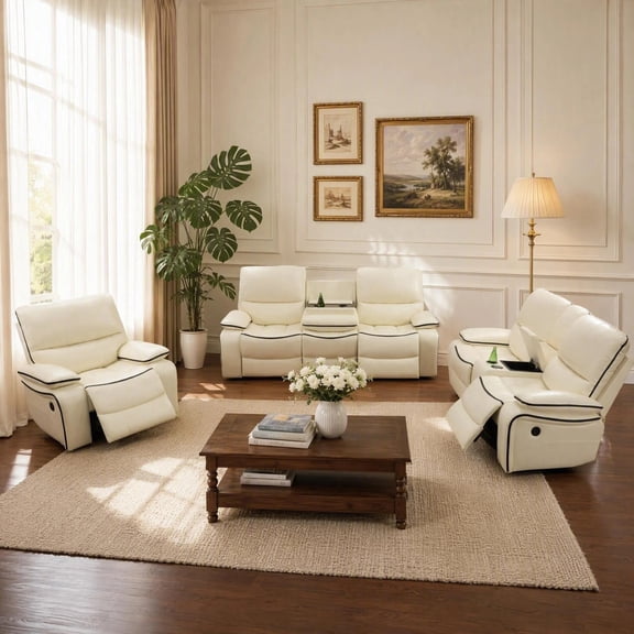 Off-White Bonded Leather Living Room Intelligent Recliner Sofa Set