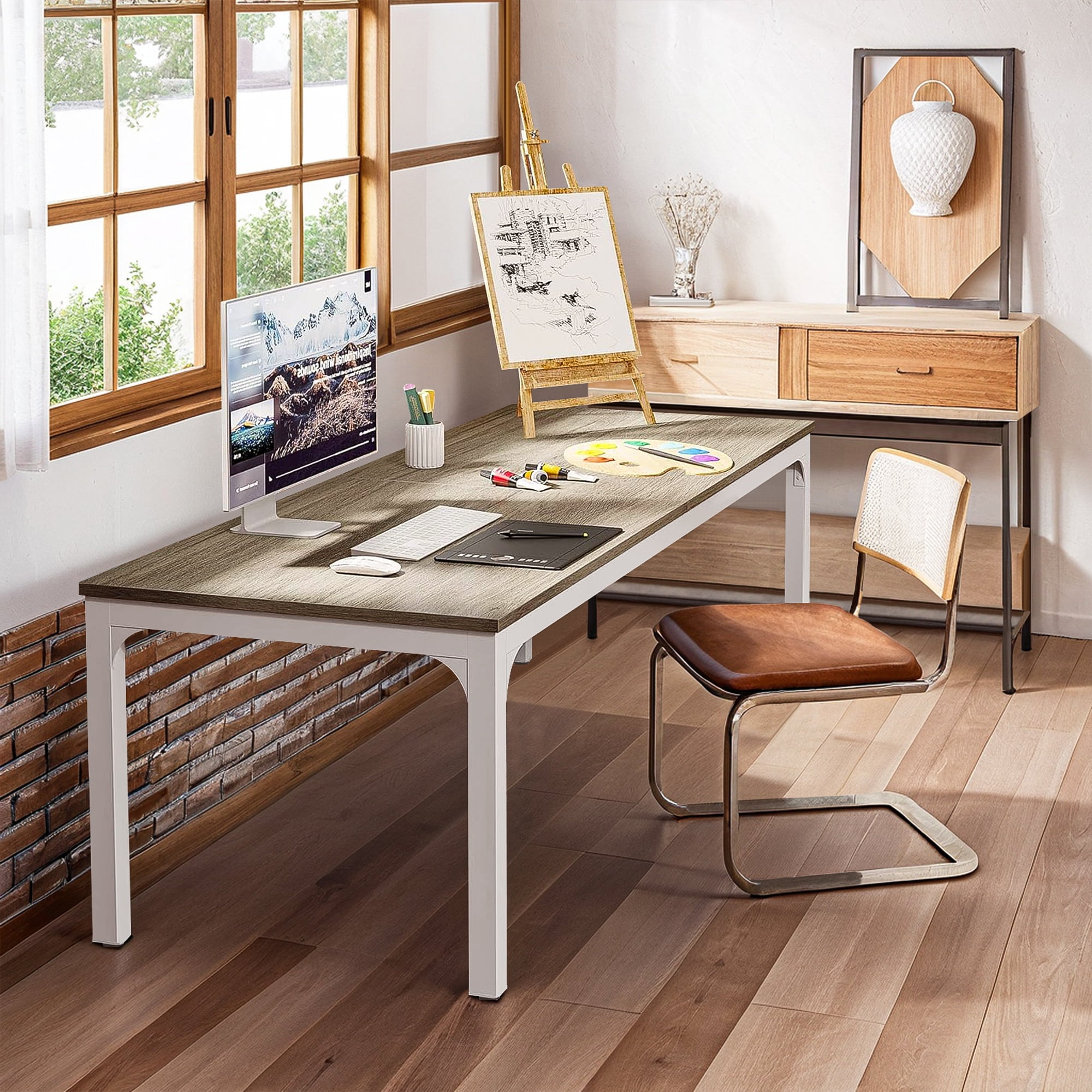 Demi Bonn 78" Farmhouse Dining Table, Wood Rustic Kitchen Table for 8 People, Large Rectangular Dinner Table for Dining Room, Home Office, Living Room Furniture, Gray & White