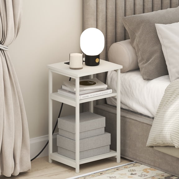 Furinno MORETTI 3-Tier Nightstand. USB & Type-C Charging Port. White