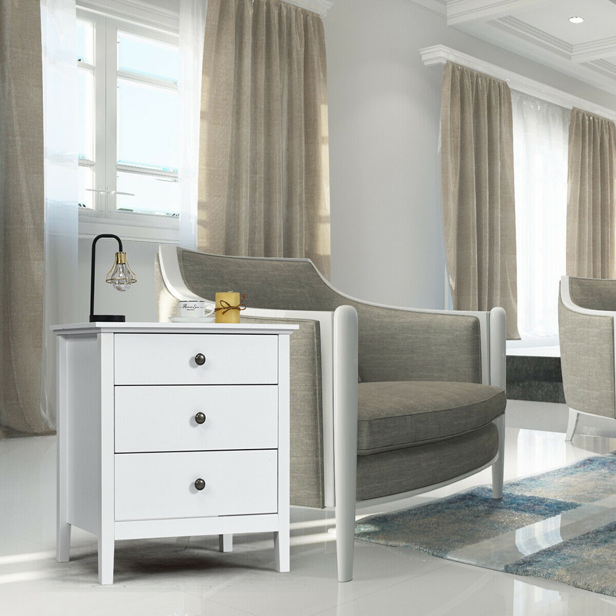 Gymax Accent Table Organizer Nightstand Beside End Side Table W/3 Drawers White
