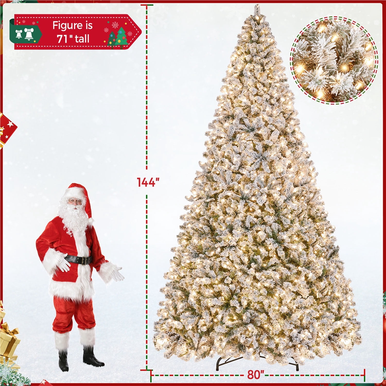 Alden Design 12FT Pre-lit Flocked Christmas Tree with Foldable Stand Hinged Fir Holiday Decorative Tree with 1750 LED Warm Lights, Green&White