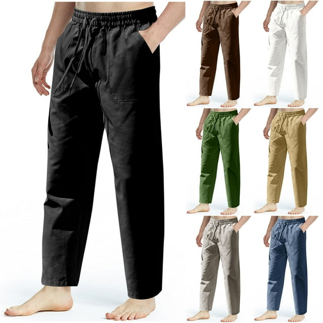 UVEASISHA Mens Cotton Linen Straght Leg Pants Elastic Drawstring Waist Beach Pants Solid Color Wrinkle Free Casual Pants Loose Fit Trousers with Pockets 90% Off Clearance Sale Green XL