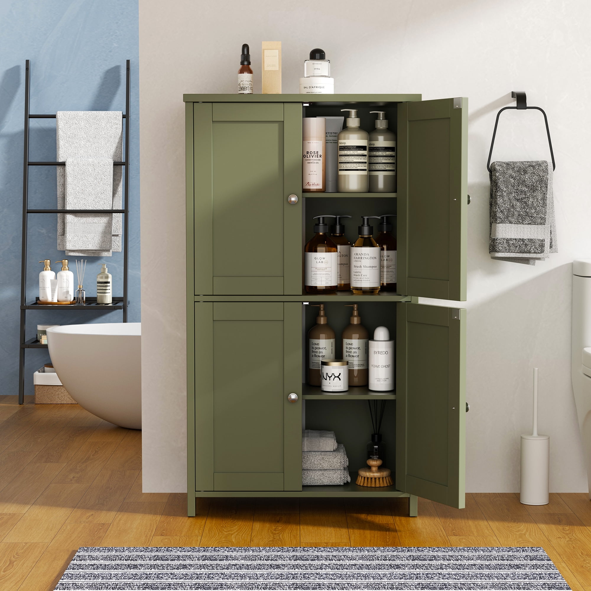 Walsunny Freestanding Bathroom Floor Storage Adjustable Shelf with 4 Doors 43" Wooden Pantry Cabinet for Kitchen Small Spaces,Green