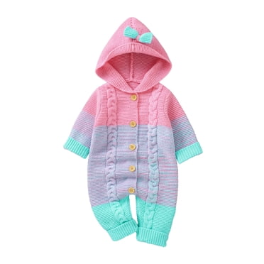 EYIIYE Barboteuse à Capuche en Tricot pour Bébé Fille Nouveau-Né Justaucorps à Manches Longues Combinaison à Couleurs Contrastantes Fermeture à Boutons Chandail d'Automne Hiver Chaud Confortable Doux Vêtements pour Petites Filles Décontracté Quotidien