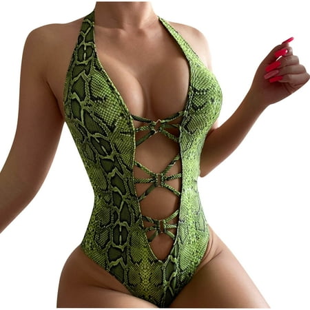 ZQGJB Women Strappy Plunge Hollow Out One Piece Swimsuit Snakeskin Print Sexy V Neck Criss Cross Back Tie Thin Straps Tummy Control Bathing Suit Green M