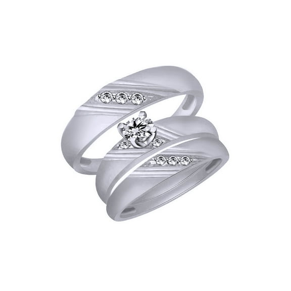 AFFY White Natural Diamond Accent Wedding & Engagement Trio Band Ring Set In 10k White Gold (0.07 Cttw)