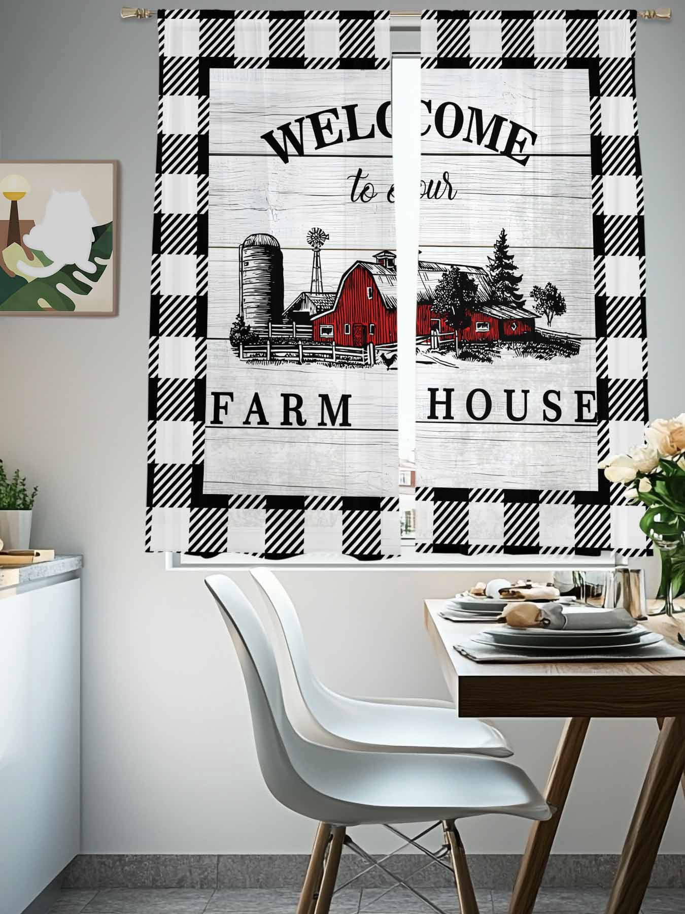 Welcome to Our Farm House Sheer Curtains for Living Room Bedroom, Red Barn Vintage Black White Plaid Wood Grain Light Filtering Sheer Curtains, Rod Pocket Voile Window Drapes, 2 Panels Set 52"x 63"