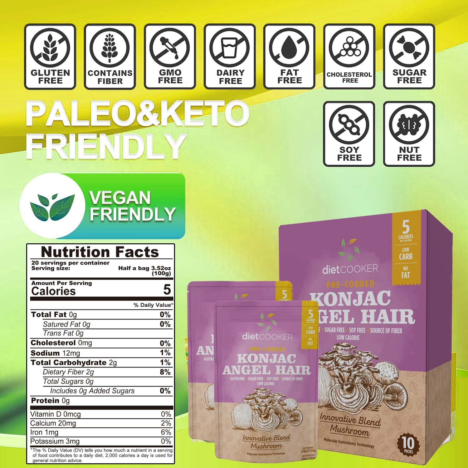 DIET COOKER Shirataki Noodles with 7 Mushroom Powder Blend – 10 Pack 20 Servings Konjac Keto Noodles, Low Calorie Pasta Alternative, Low Carb Pasta, Vegan Gluten Free Miracle Noodles for Keto Meals