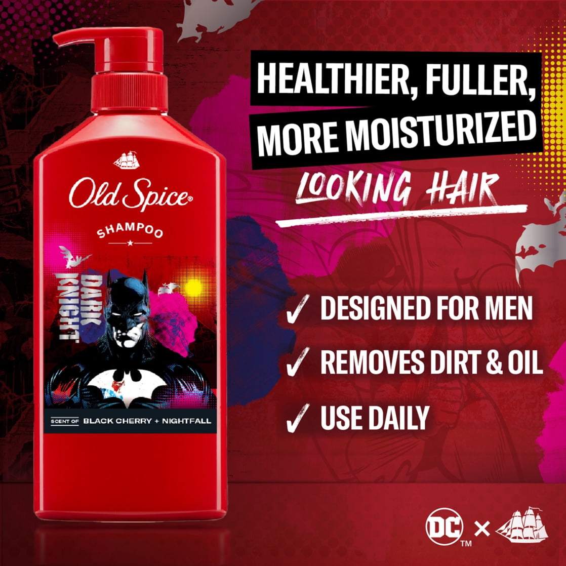 Old Spice Men's Shampoo, Batman DC Comic Collaboration, Black Cherry & Nightfall, 21.9 oz
