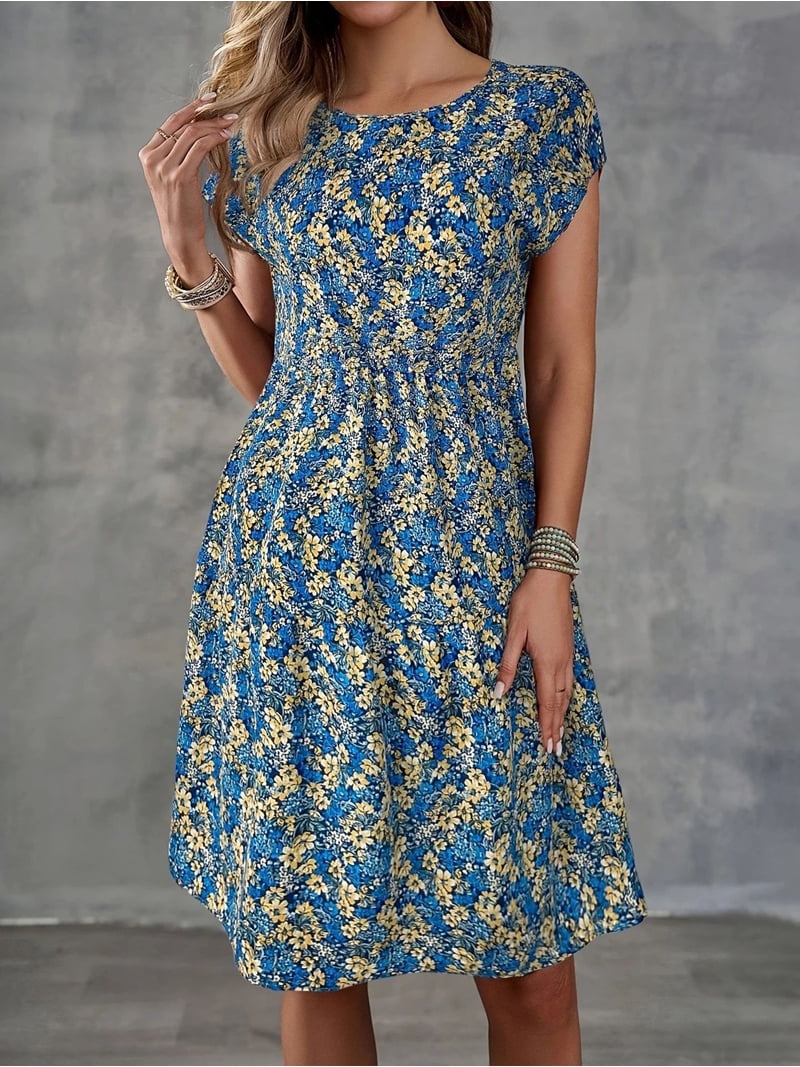 cute misses summer dresses Womens Summer Casual Dresses Sweet Cute Scoop Neck Mini Dress with Bohemian  Style Yellow XXL