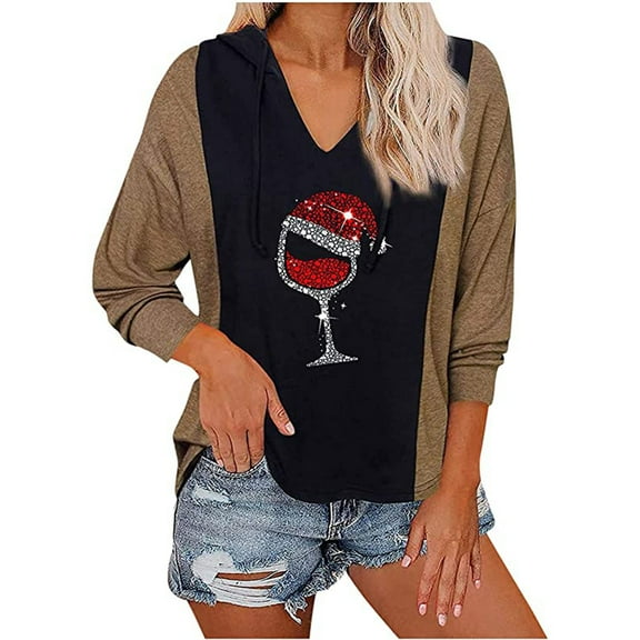 Fesfesfes Women Hooded V-Neck Long Sleeve Fall T-Shirt Printing Hooded Blouse Tops