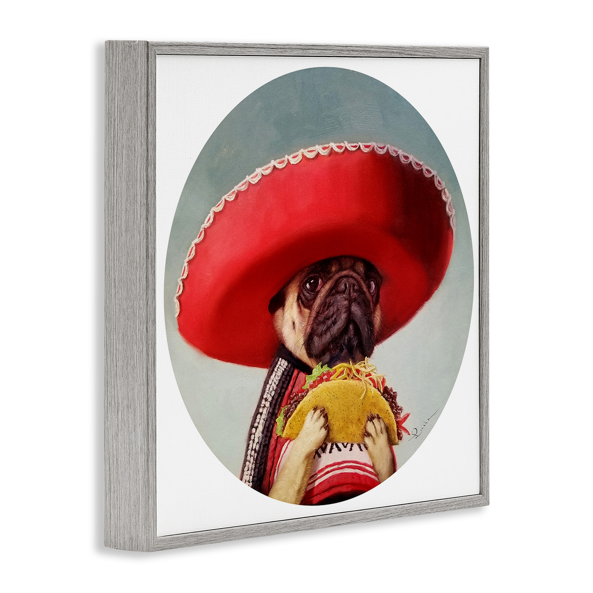 Stupell Industries Pug in Sombrero with Taco Animals & Insects Painting Gray Framed Art Print Wall Art, 17 x 17