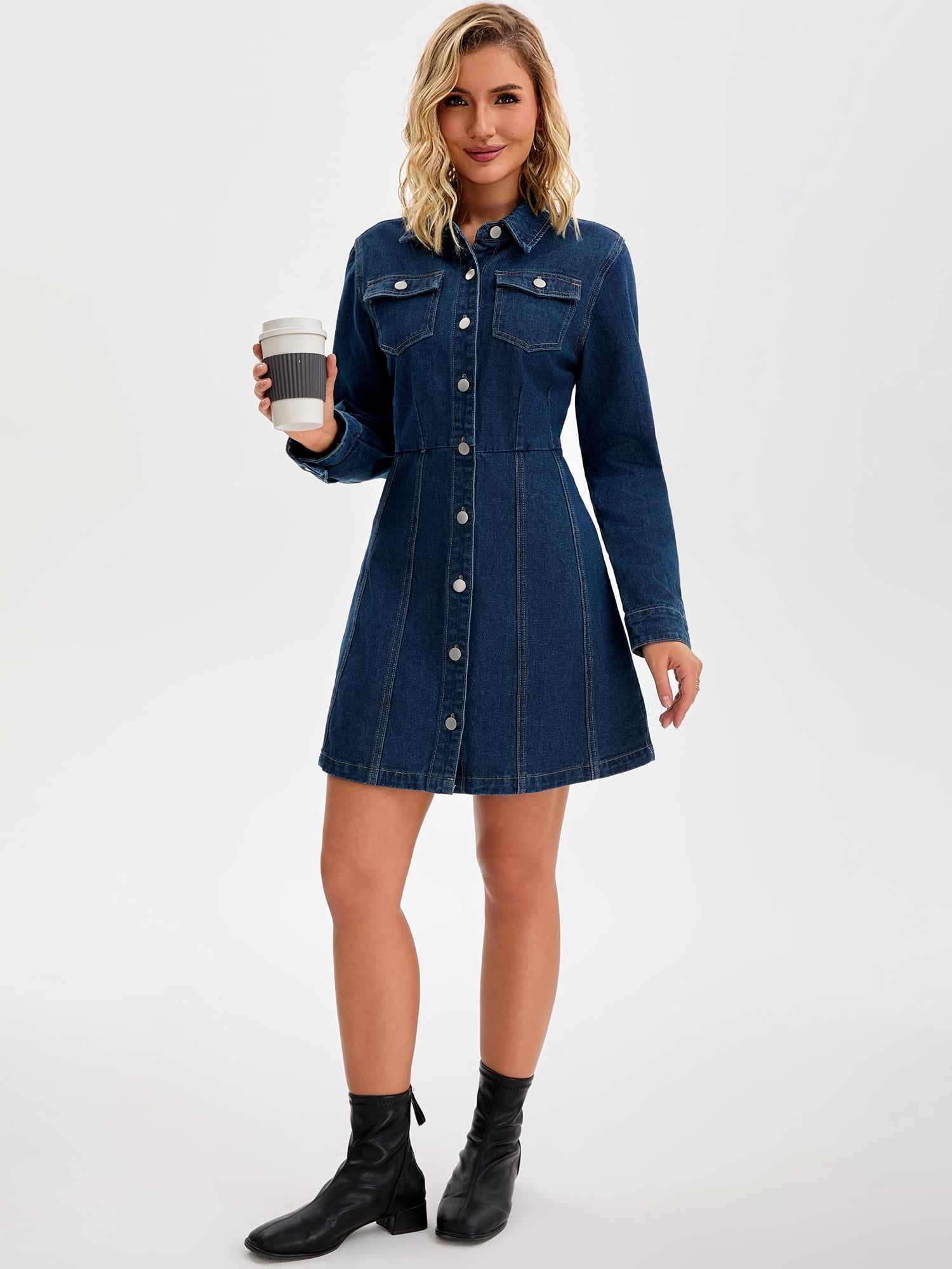 DARING DIVA Women's Button Down Collared Long Sleeve A-Line Jean Dress 2XL Dark Blue
