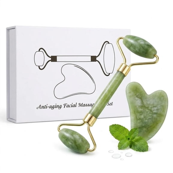 Jade Roller and Gua Sha Set, Xiuyan Jade Facial Skincare Massage Tool, 2 Piece Cooling Beauty Kit